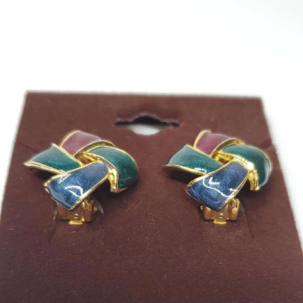 Vintage Multicolor Enamel Knot Clip Earrings